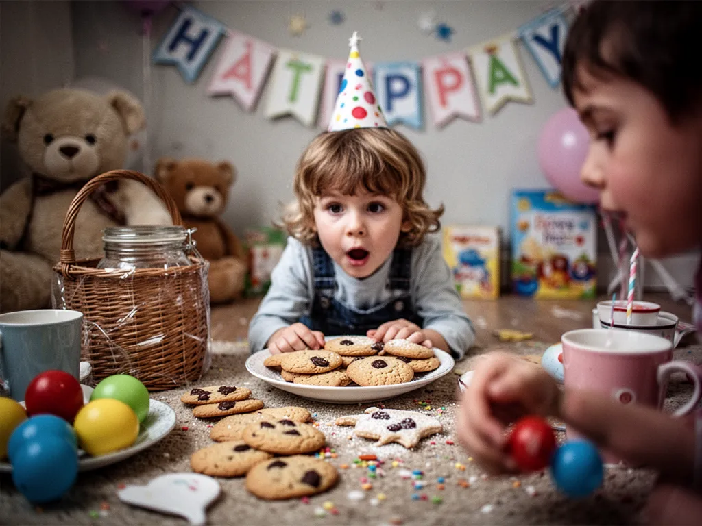 Table de fête avec assiettes, napperons et décorations pour un goûter d'anniversaire d'enfant