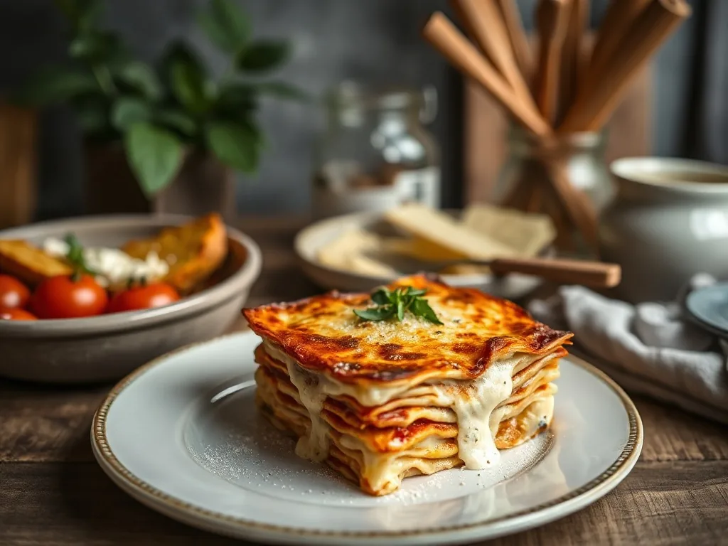 Plat rectangulaire de lasagnes végétariennes gratinées, avec couches de potimarron, béchamel et chèvre, servi à la cuillère