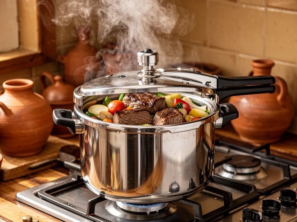 A stainless steel pressure cooker on a stovetop, steam venting from the whistle, meat and vegetables layered inside, war