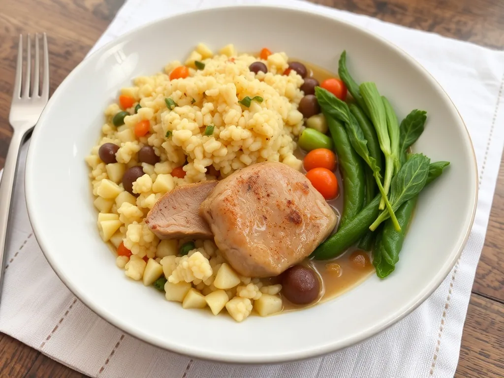 Couscous fumant au Cookeo avec poulet, merguez, carottes, courgettes, navets et pois chiches, servi dans un grand plat coloré.