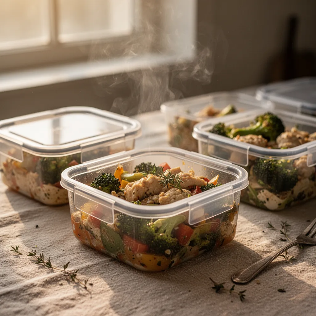 Pile de boîtes en verre empilables remplies de plats préparés sur un plan de travail de cuisine