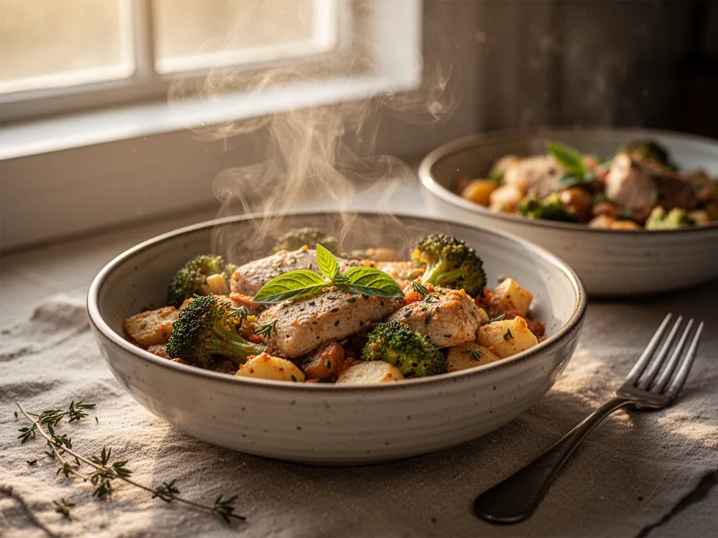 Table avec plats préparés pour une semaine : gratin, poulet rôti, salades et boîtes de conservation