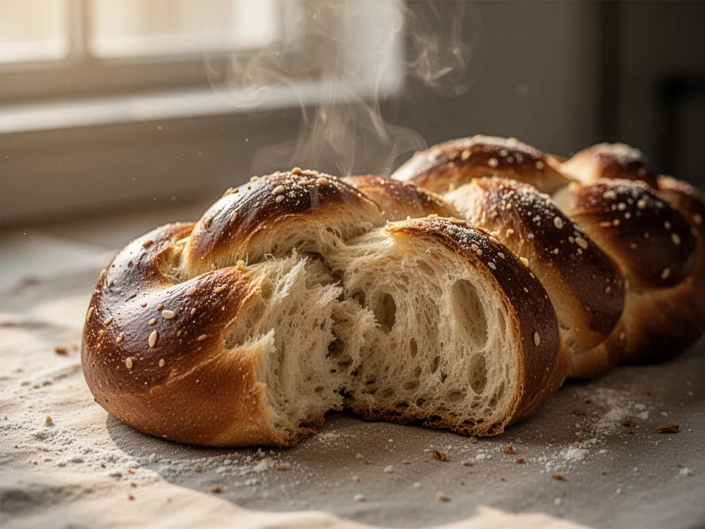 Challah tressée dorée posée sur un linge, croûte brillante et graines de sésame
