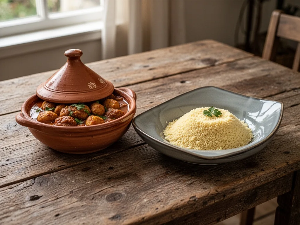 A traditional clay tebsi dish beside a sleek modern ceramic couscous plate on a weathered wooden table, soft daylight