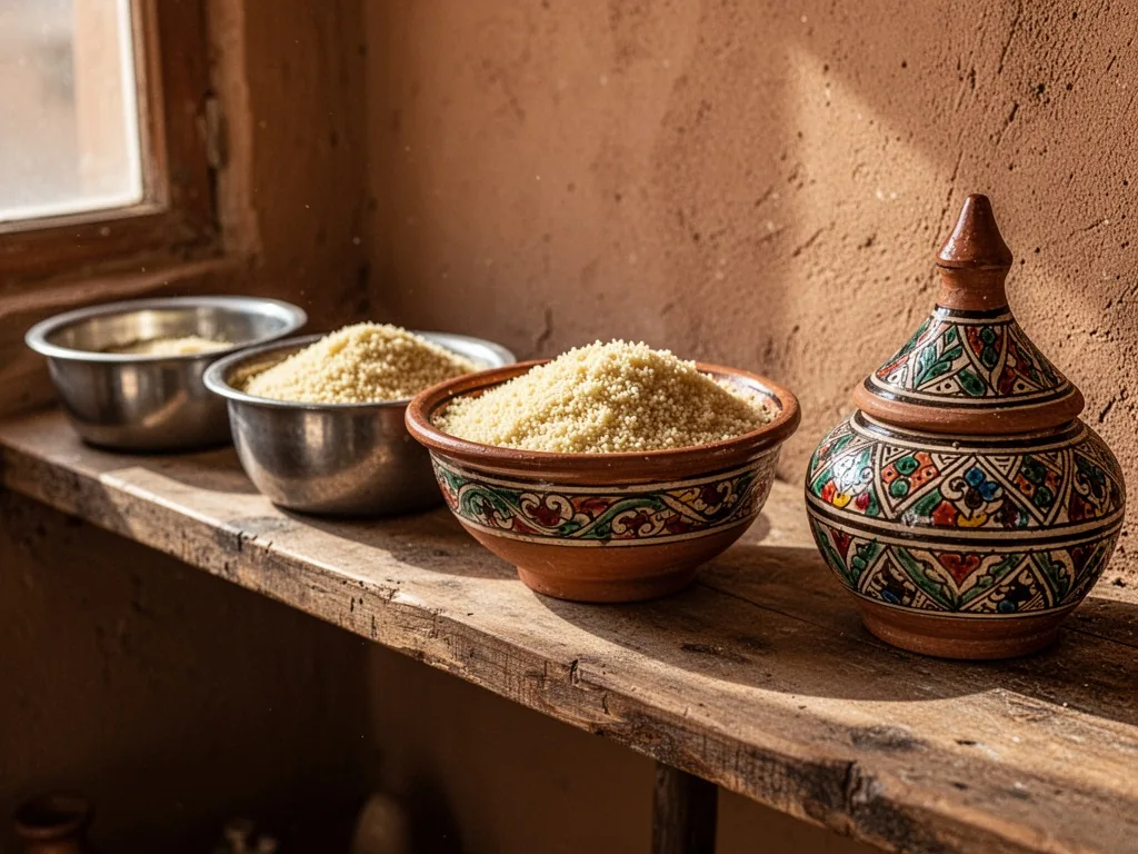 A row of couscous dishes ranging from simple metal to intricately painted Berber ceramic, indirect sunlight on a rustic 