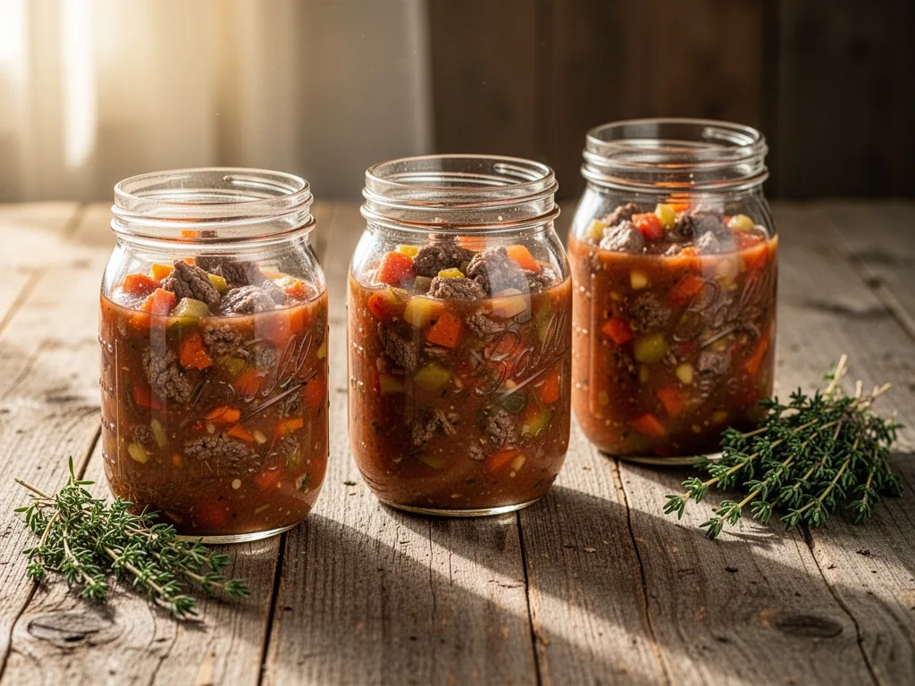 Three glass canning jars filled with hearty beef and vegetable stews, arranged in a row on a rustic wooden table, soft m
