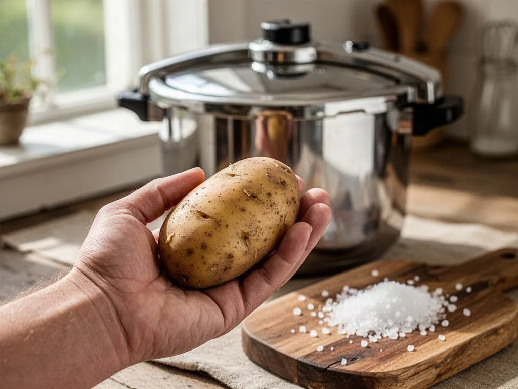 A waxy potato variety held in a cupped hand, with a stainless steel pressure cooker lid blurred behind, scattered sea sa