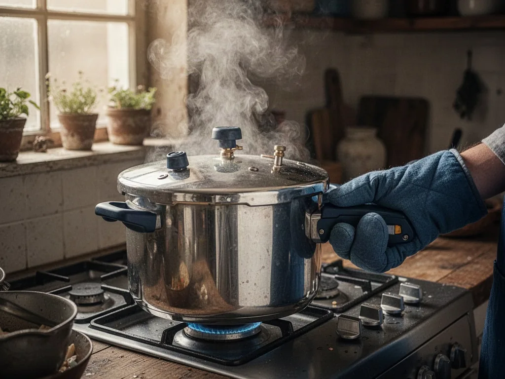 A pressure cooker valve hissing steam on a stove, a hand in a mitt adjusting the heat knob, pot lid locked, cool blue to