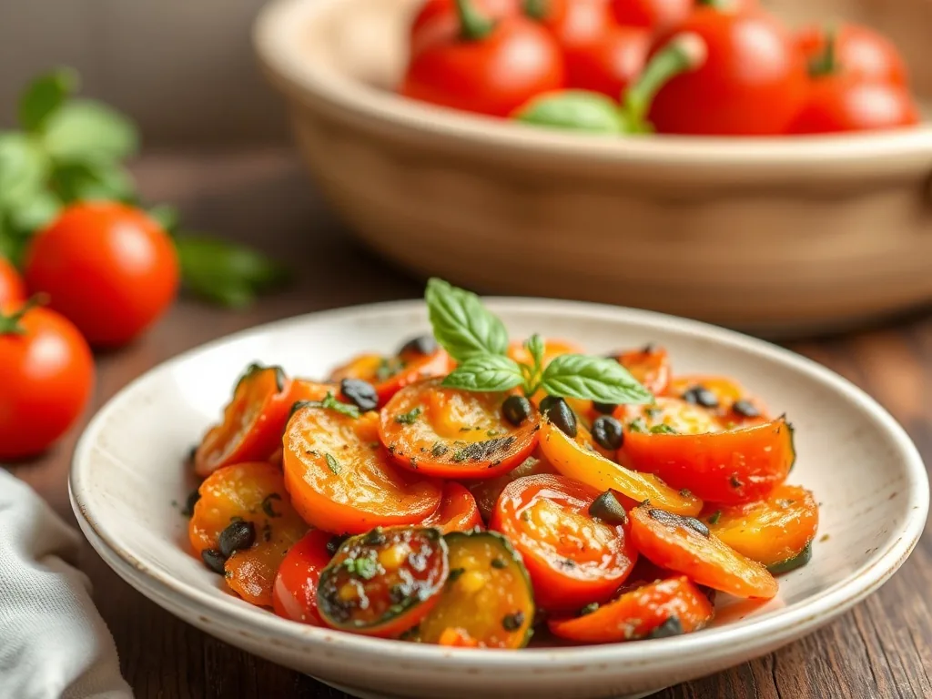 Plat de ratatouille cuisinée au Cookeo avec des légumes fondants encore en morceaux, une feuille de basilic sur le dessus