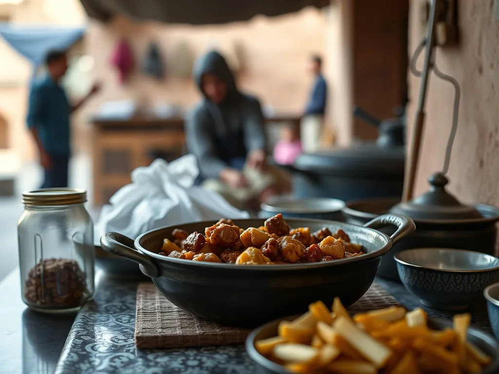 Grand plat de chakhchoukha chaoui avec morceaux de poulet, pois chiches, sauce rouge et galette émiettée, décoré de coriandre fraîche