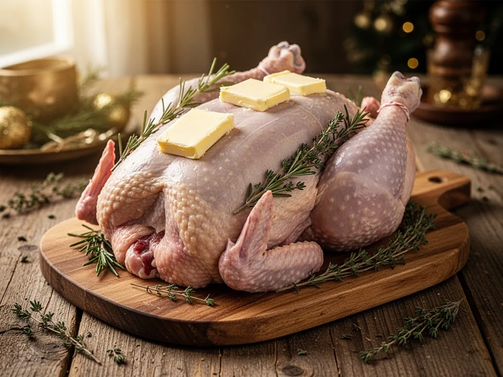 A raw capon on a wooden board, butter patted under its skin, rosemary and thyme sprigs inside the cavity, soft daylight