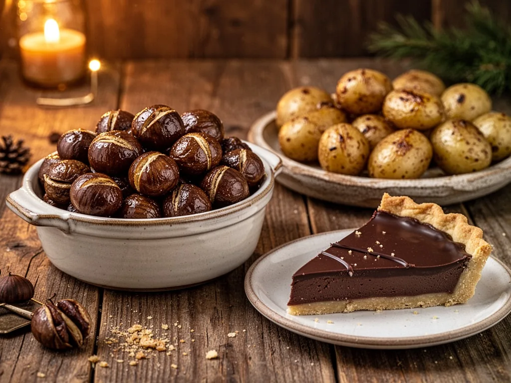 Candied chestnuts in a ceramic dish next to roasted rattes potatoes, a slice of parve chocolate tart, warm amber lightin