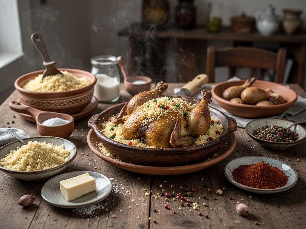 Grande assiette de couscous familial avec morceaux de poulet, légumes colorés et semoule aérienne