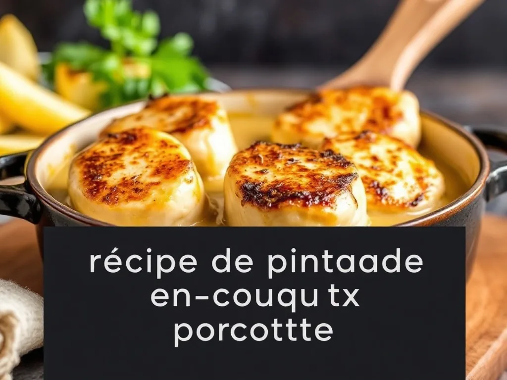 Cocotte sur la cuisinière, morceaux de pintade nappés de sauce au vin blanc, cuillère en bois à portée