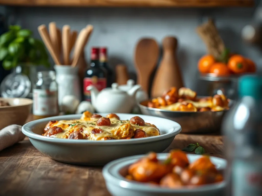 Plat de lasagnes gratinées, couches bien visibles, servi dans un plat en terre cuite sur une table familiale