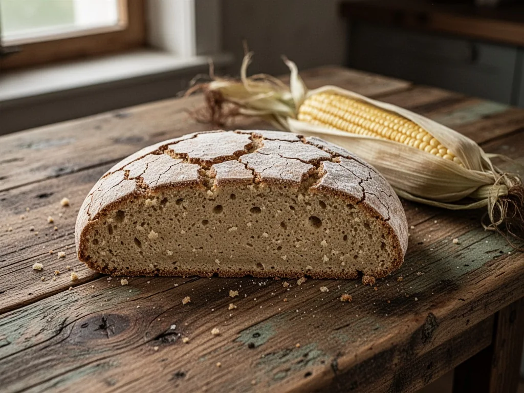 A slice of millas with a dry cracked crust and a dense pasty center, lying flat on a reclaimed wood table beside a corn 