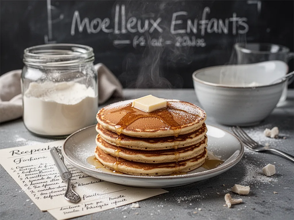 Assiette de pancakes moelleux empilés avec sirop d'érable et banane tranchée