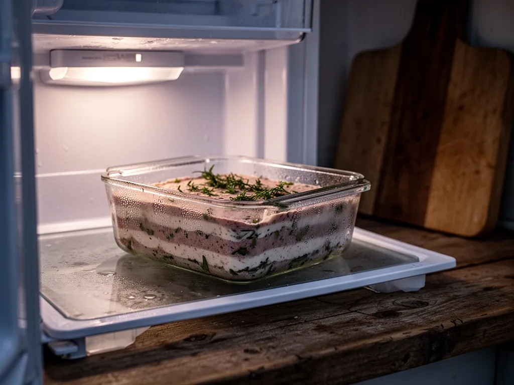 A glass dish of layered terrine with herbs, chilled in a refrigerator, condensation on glass, soft white light from frid