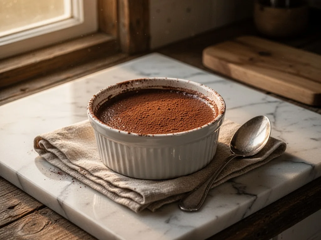 A ceramic ramekin of chocolate custard set overnight on a marble counter, dusted with cocoa, still life composition, war