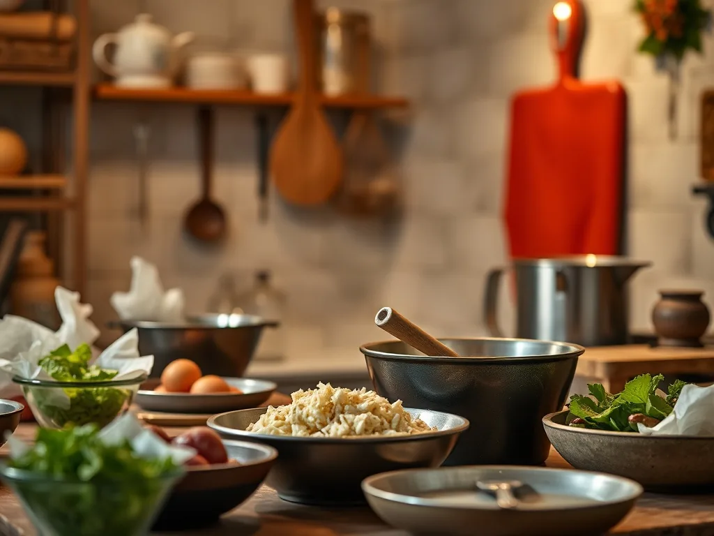 Plan de travail couvert de boîtes hermétiques étiquetées, bocaux de légumes cuits, semoule et bouillon prêts à ranger