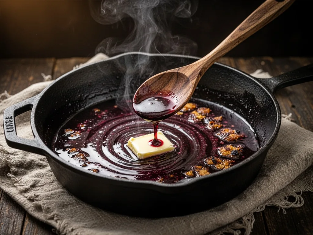 A cast-iron pot with glossy red wine pan sauce swirling with butter, a wooden spoon lifting the liquid, caramelized bits