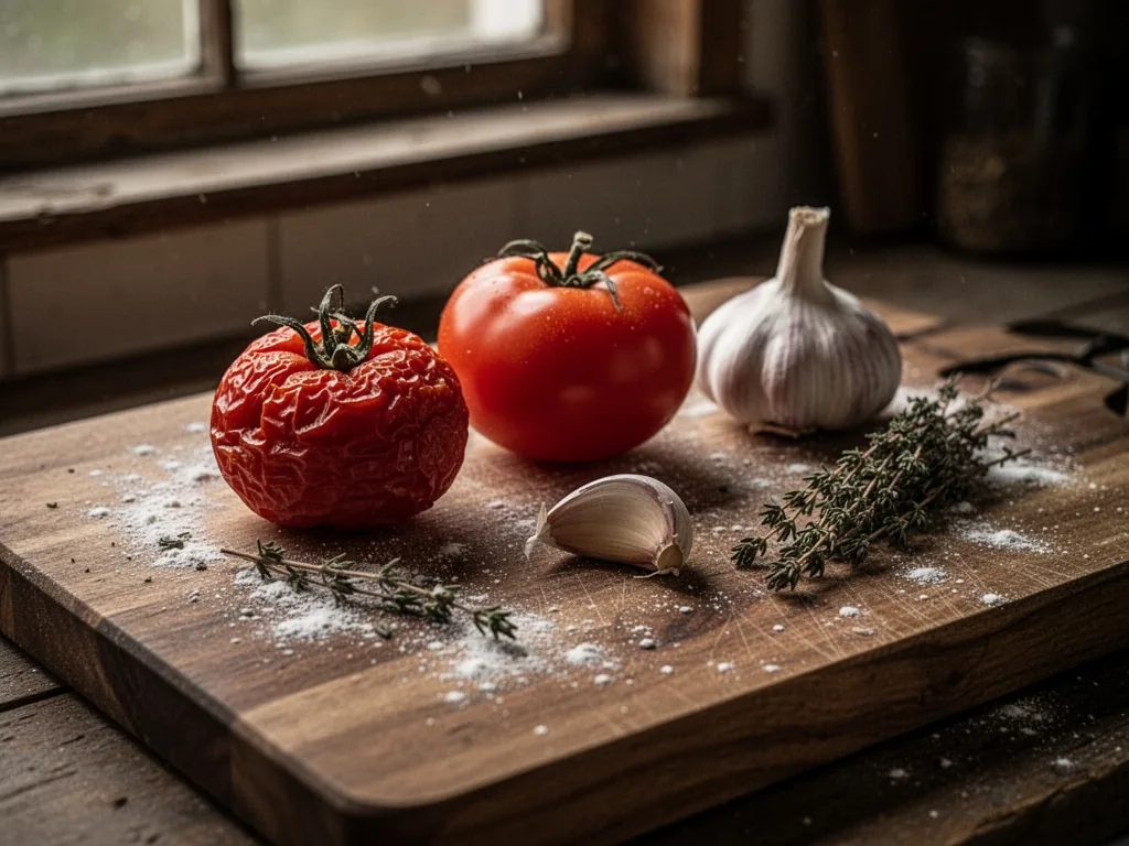 A wooden cutting board with three lone ingredients: a wrinkled tomato, a garlic clove, and a sprig of dried thyme, scatt