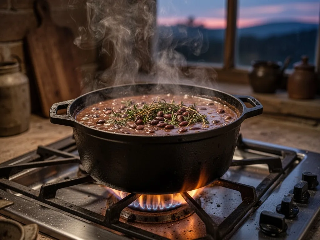 A heavy cast-iron pot simmering on a gas stove, steam rising from a dark stew of beans and herbs, burnt orange flame und