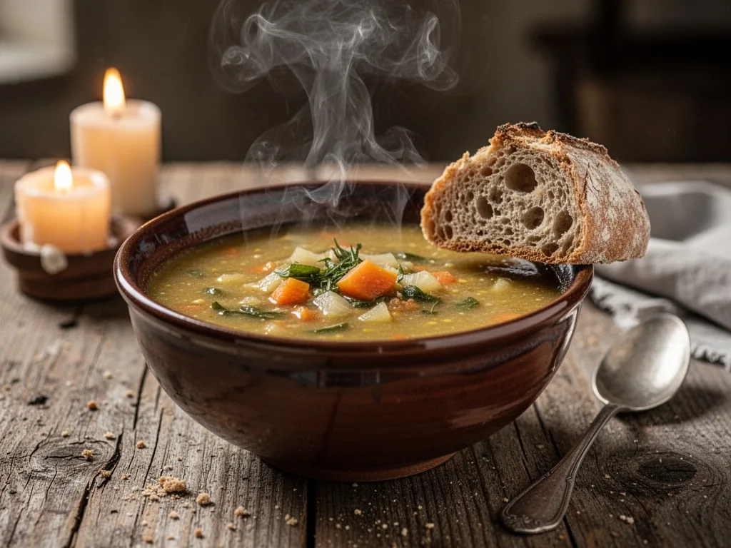 A deep ceramic bowl filled with golden vegetable soup, a rustic bread chunk resting on the rim, steam curling upward, wo
