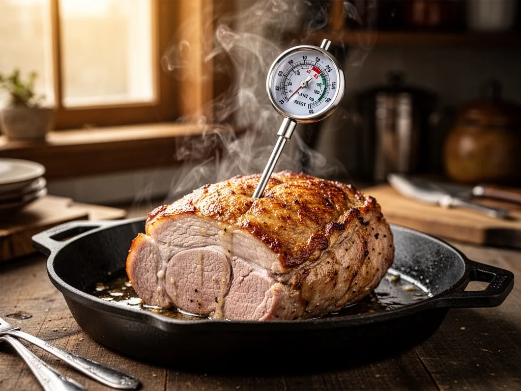 A stainless steel meat thermometer inserted into a golden-crusted pork roast on a cast iron pan, steam rising, dial at p