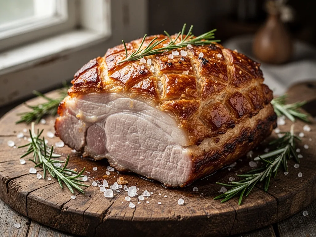 A close-up of a pork roast's crackling crust, golden and blistered with crispy texture, scattered sea salt and rosemary,