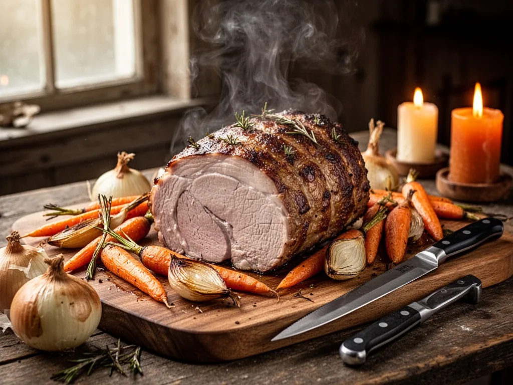 A whole roasted pork loin on a wooden carving board, steam rising, surrounded by roasted carrots and onions, a sharp car