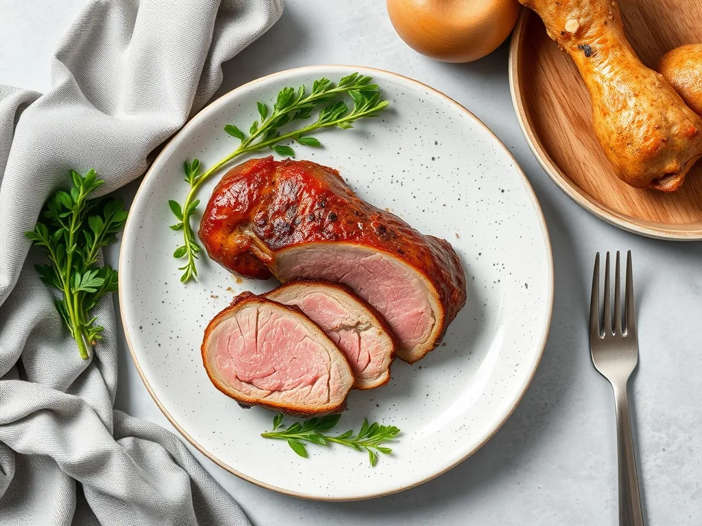 Rôti de porc doré et fumant dans un plat, entouré de légumes rôtis