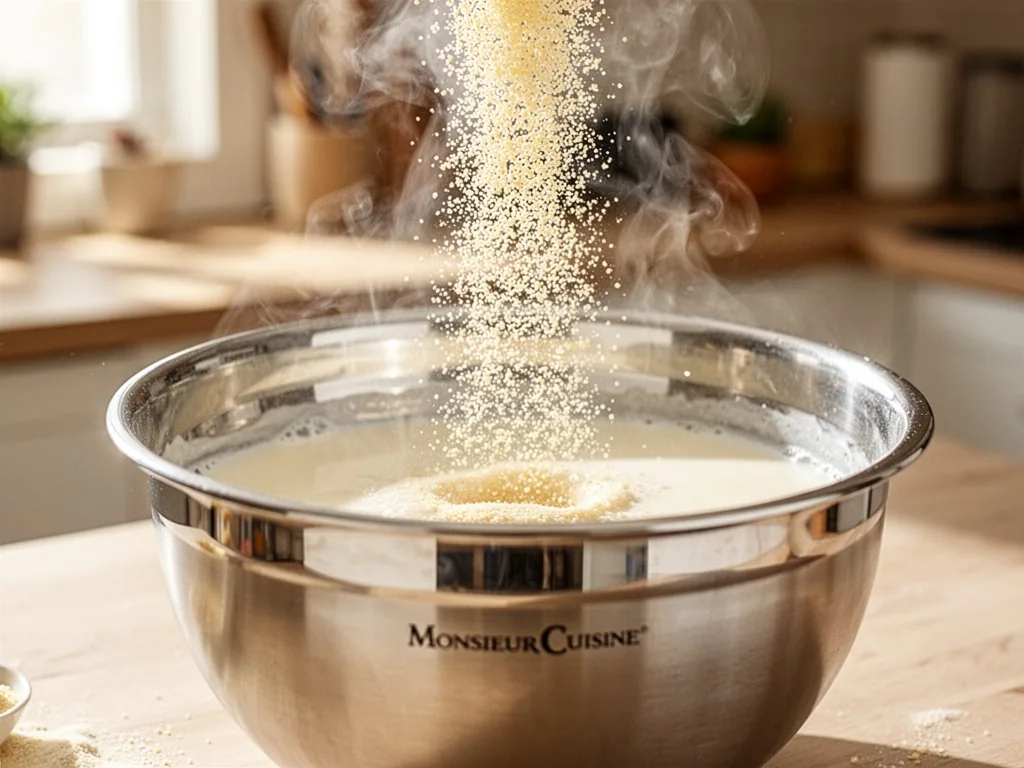 A stainless steel Monsieur Cuisine bowl with a stream of fine semolina falling into warm milk, soft steam rising, bright