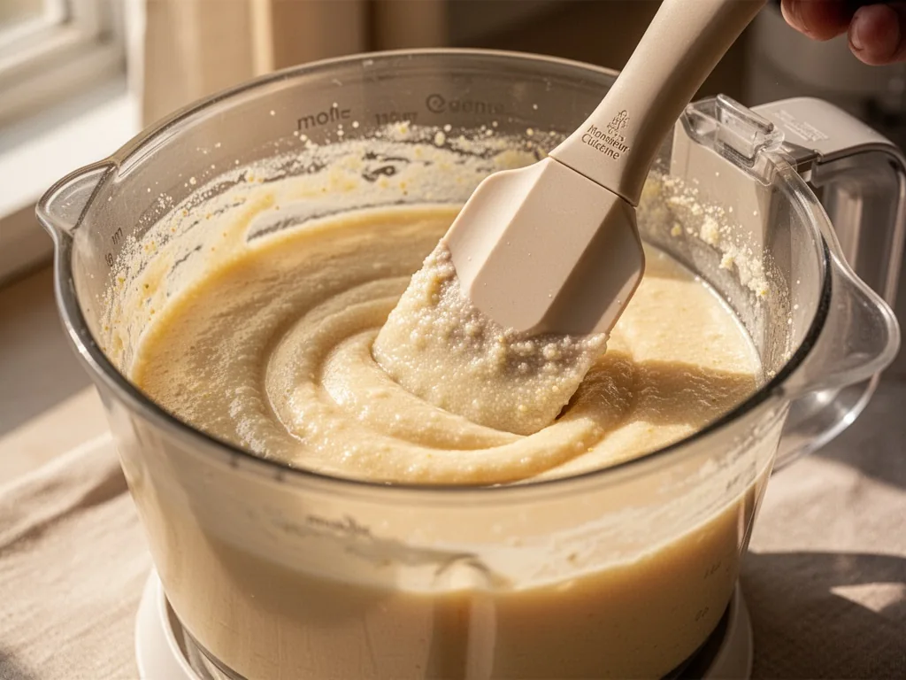 A silicone spatula scraping the sides of the Monsieur Cuisine bowl, revealing a smooth, creamy semoule au lait, warm aft
