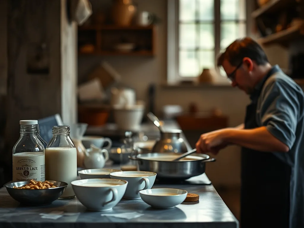 Deux petits pots de semoule au lait nappés de caramel, posés sur une table en bois clair