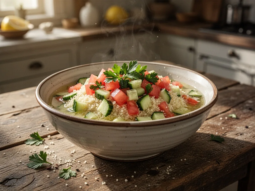 A ceramic bowl filled with fine semoule and diced tomatoes, cucumber, and parsley, soaking in lemon juice, soft afternoo