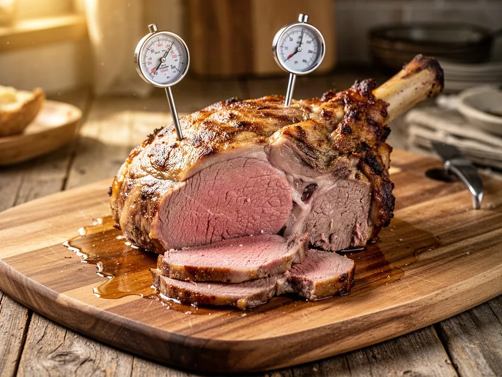 A roasted leg of lamb on a wooden carving board with a meat thermometer inserted, juices pooling, golden crust, sliced t
