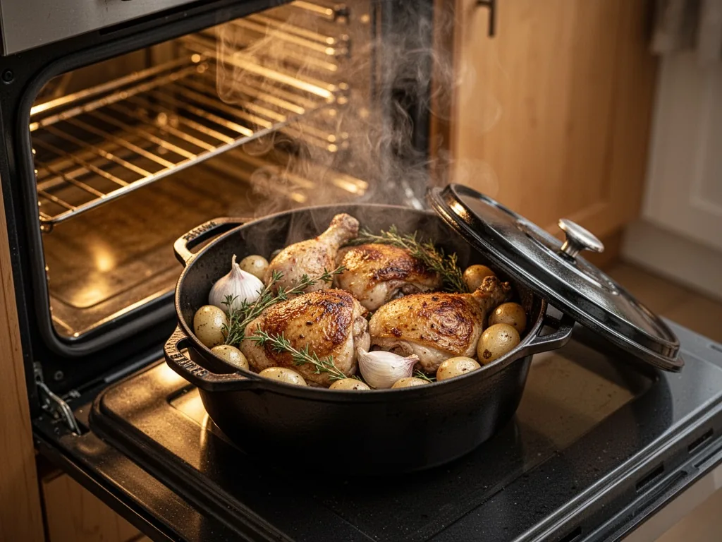 A cast-iron cocotte with browned chicken thighs, garlic, thyme, and pearl onions, lid resting beside it, steam rising, o