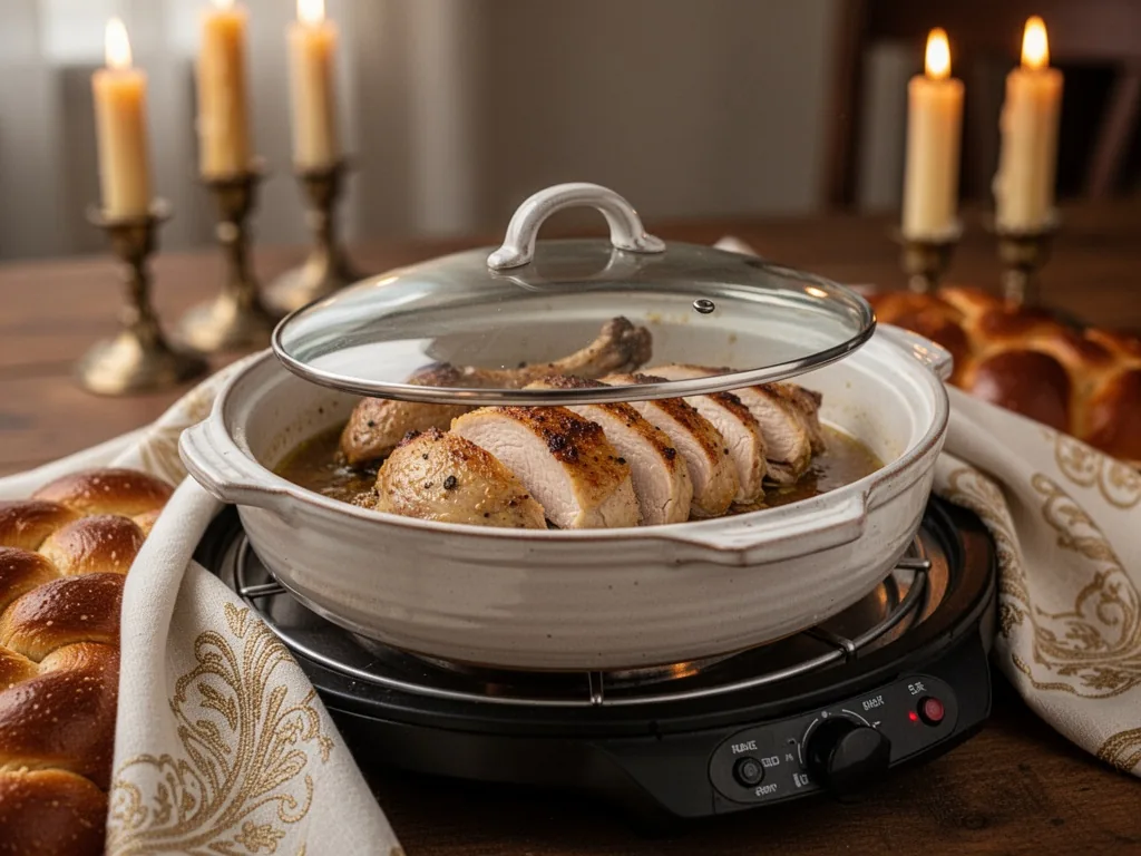 A covered ceramic dish with sliced roasted chicken and juices, placed on a warming tray, challah cloth draped nearby, Sa