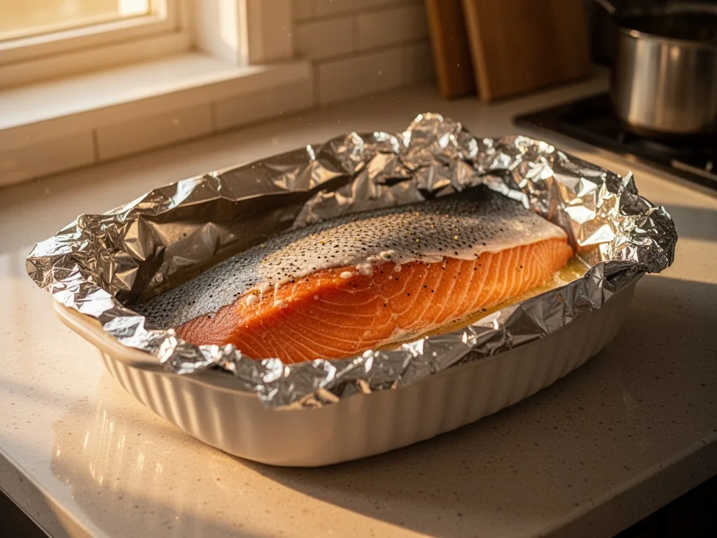 A whole salmon fillet in a ceramic baking dish, lightly covered with foil, on a kitchen counter, warm Friday evening sun