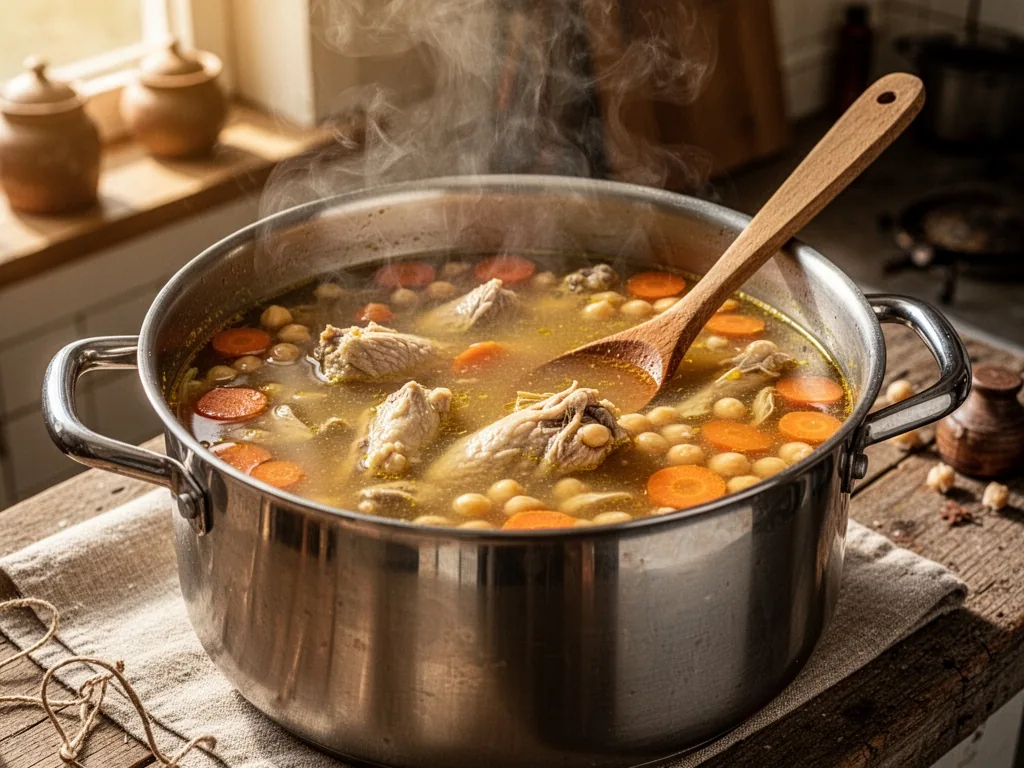 A heavy stainless steel pot filled with golden chicken broth, carrots and chickpeas visible, steam rising, a wooden spoo