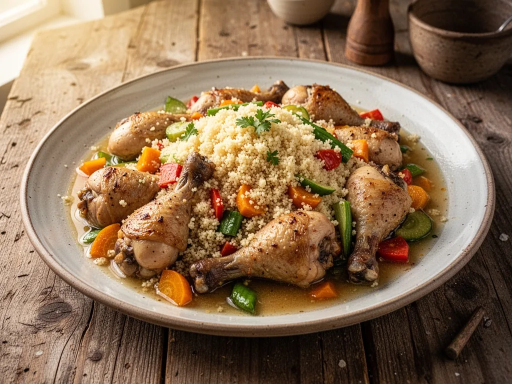 A large ceramic platter heaped with fluffy couscous, tender chicken drumsticks, and colorful vegetables, drizzled with b