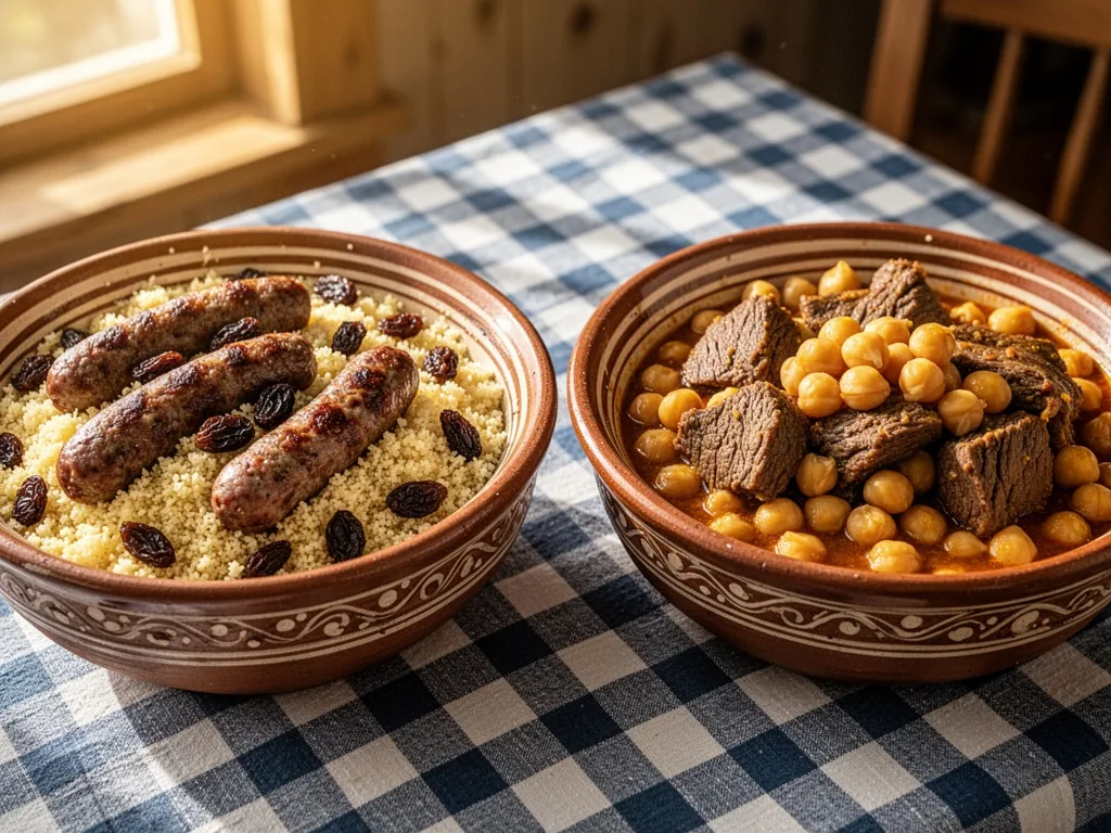 Two traditional couscous bowls side by side, one with merguez sausages and raisins, the other with lamb and chickpeas, o