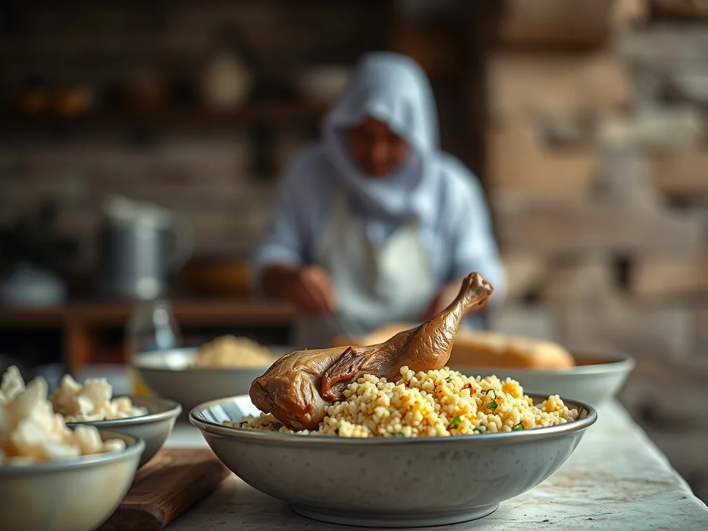 Plat de couscous au poulet fumant avec pois chiches, carottes, navets, courgettes et merguez grillées